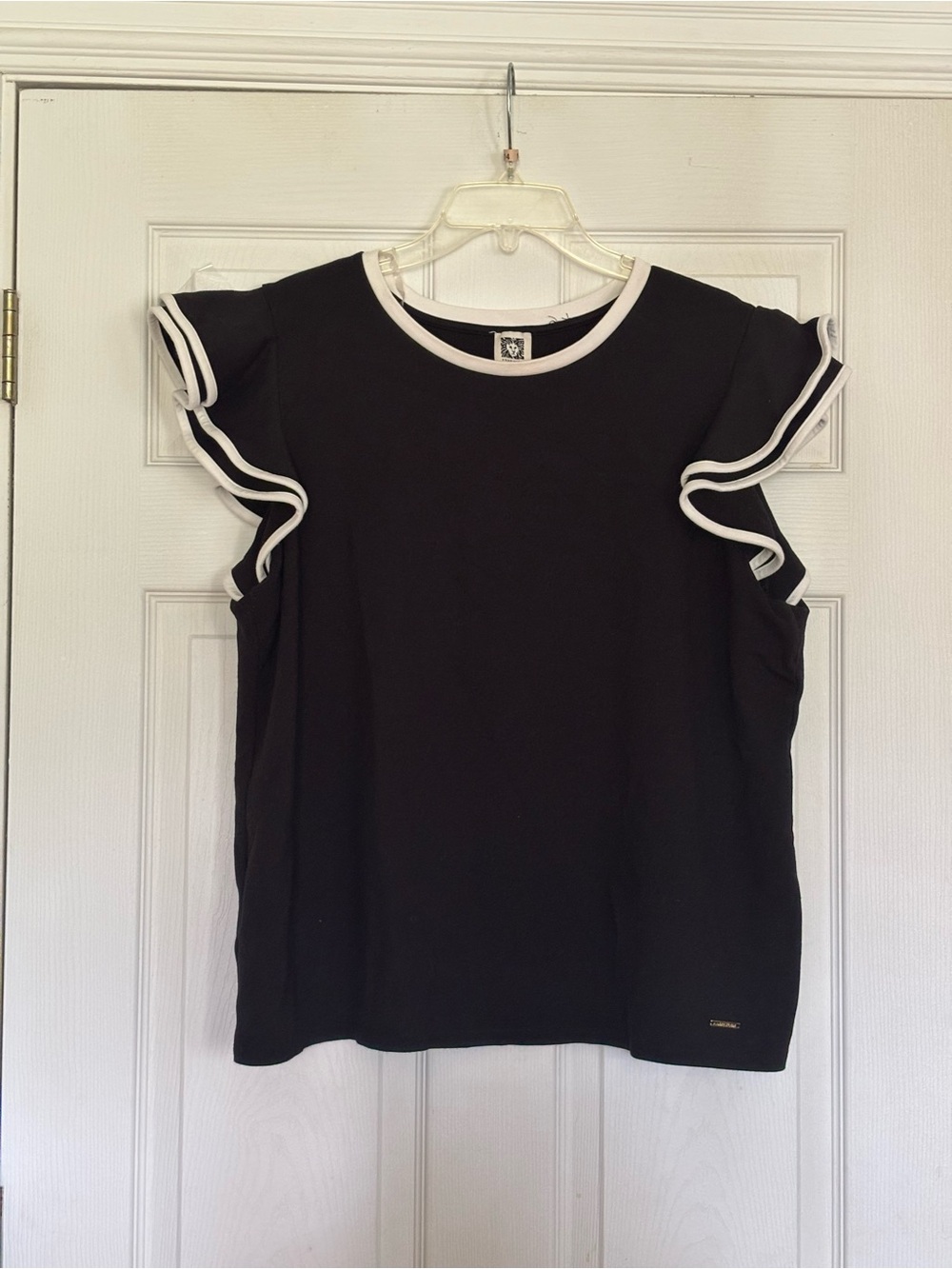 Anne Klein Black Contrast Trim Ruffle Flutter Sleeve Top - Plus Size 2X